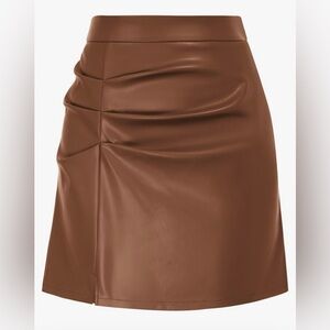 Kate Kasin Women's Faux Leather Mini Skirts Front Slit Ruched A-Line High Waist